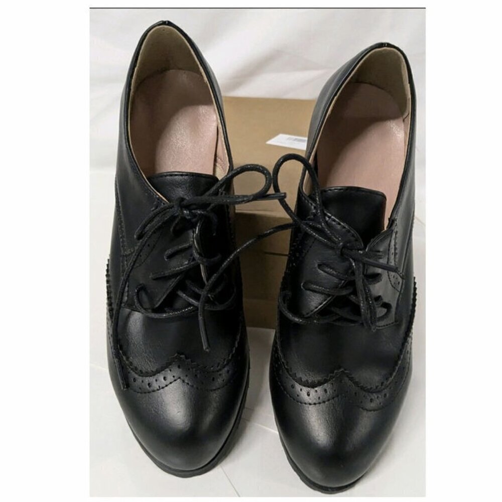 Ladies Retro Cuban Mid Block Heel Lace Up Oxford Pumps Size 38 (7) Wing Tip - Picture 2 of 5